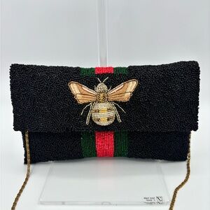 Moyna Beaded Crossbody/Clutch with 3D Gold Bee -  Black, Green and Red